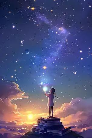 教育3d渲染卡通风梦幻夜空小女孩站立书籍仰望星空插画